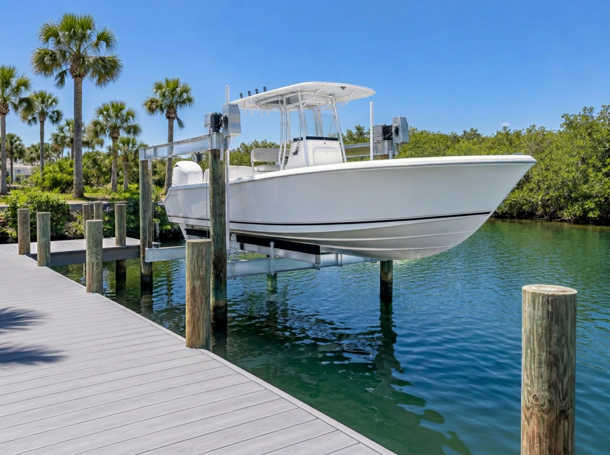 Newly built residential dock with flush-cut timber pilings and an open boat lift on a Florida canal